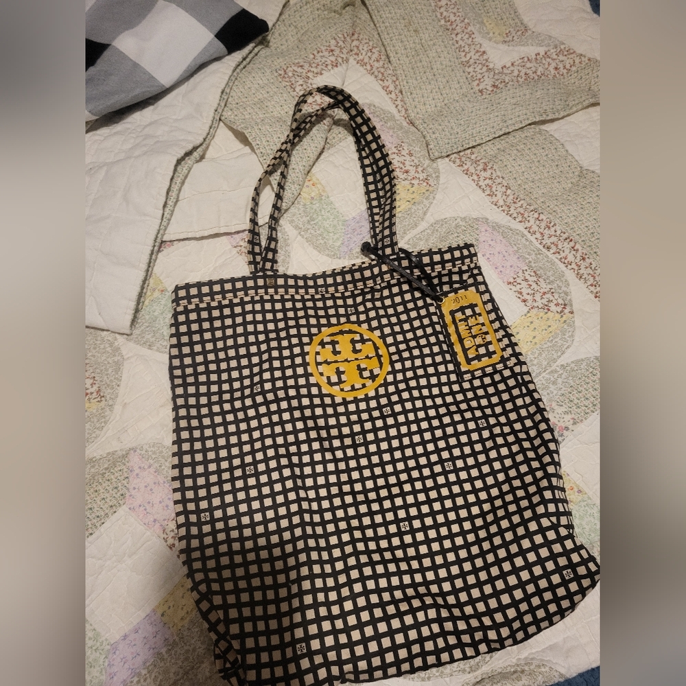 Black and Cream Grid Tote with Yellow Logo Accent